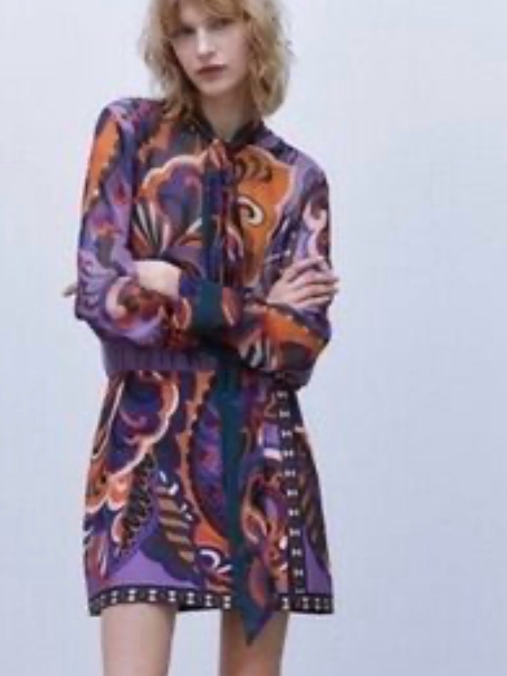 Zara Multi-Color Purple Orange Navy Paisley Long-Sleeve Dress
